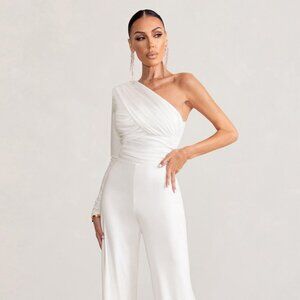 CLUB L London Womens Off One Shoulder Wide Leg White Ruched Jumpsuit Size 16 NWT